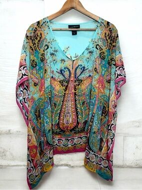 Lane Bryant Paisley Boho Kimono Top 14/16 Multicolor Sheer Caftan Blouse